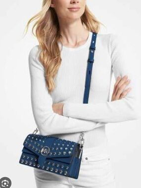 Michael Kors river Blue Studded Shoulder Bag with Silver Hardware NWT